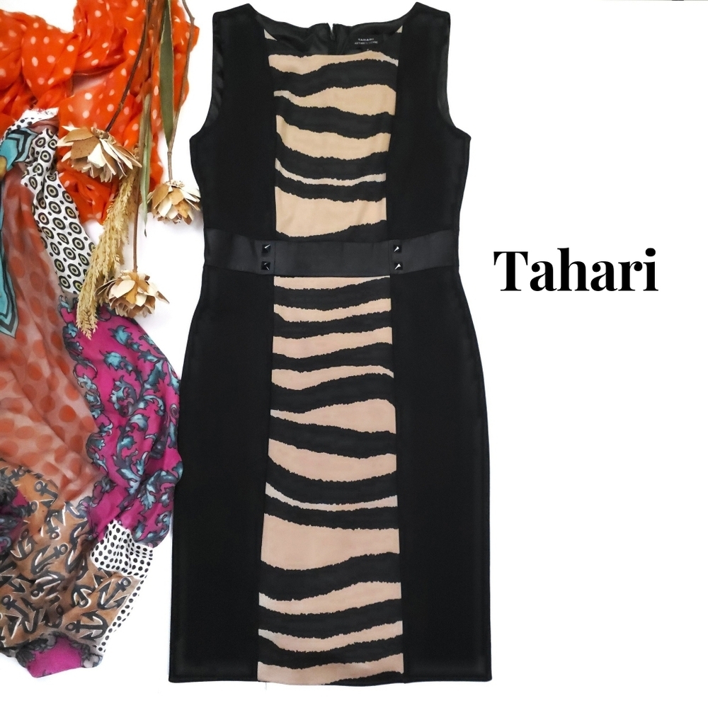 Tahari Zebra Print Black and Cream Midi Dress Sz 4